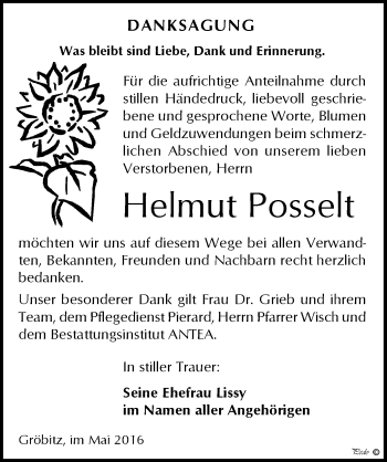 Traueranzeige von Helmut Posselt von Mitteldeutsche Zeitung Weißenfels