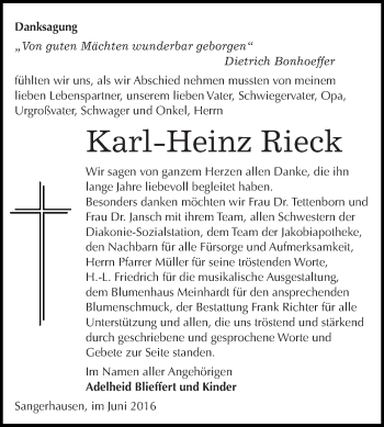 Traueranzeige von Karl-Heinz Rieck von Super Sonntag SGH Mansf. Land