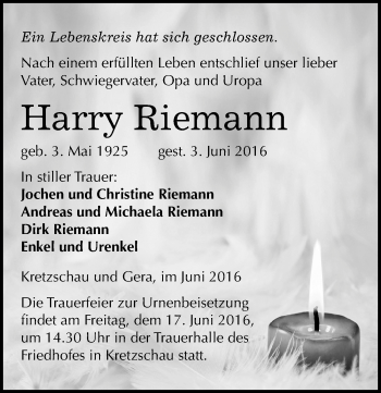 Traueranzeige von Harry Riemann von Mitteldeutsche Zeitung Zeitz