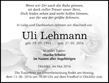 Traueranzeige von Uli Lehmann von Mitteldeutsche Zeitung Merseburg/Querfurt