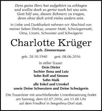 Traueranzeige von Charlotte Krüger von Mitteldeutsche Zeitung Wittenberg