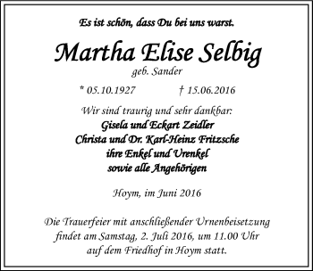 Traueranzeige von Martha Elise Selbig von Mitteldeutsche Zeitung Aschersleben