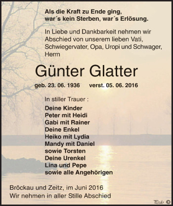 Traueranzeige von Günter Glatter von Mitteldeutsche Zeitung Zeitz