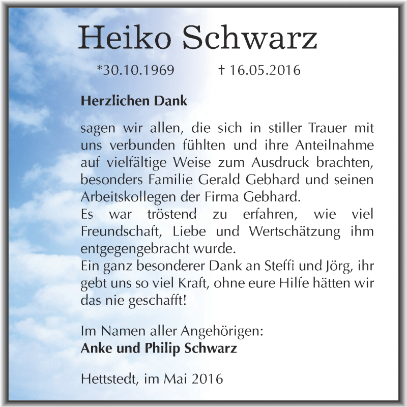  Traueranzeige für Heiko Schwarz vom 08.06.2016 aus Wochenspiegel Mansfelder Land