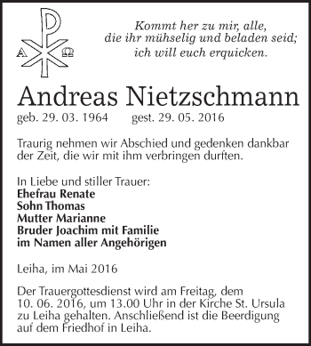 Traueranzeige von Andreas Nietzschmann von WVG - Wochenspiegel Merseburg