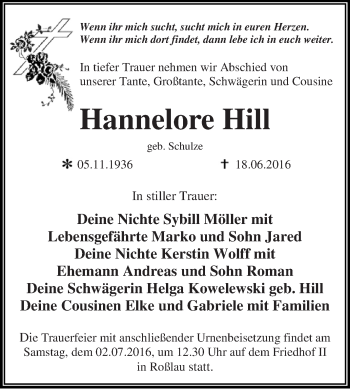 Traueranzeige von Hannelore Hill von WVG - Wochenspiegel Dessau / Köthen