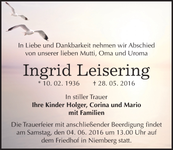 Traueranzeige von Ingrid Leisering von Mitteldeutsche Zeitung