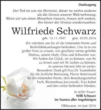 Traueranzeige von Wilfriede Schwarz von Mitteldeutsche Zeitung Merseburg/Querfurt