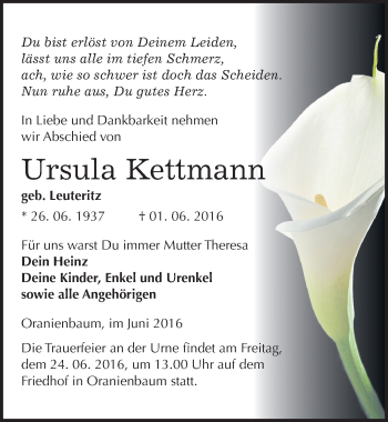 Traueranzeige von Ursula Kettmann von Mitteldeutsche Zeitung Wittenberg