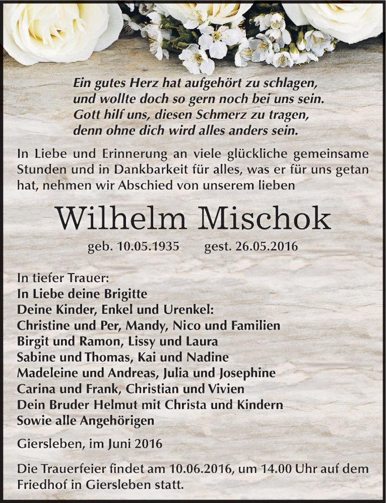  Traueranzeige für Wilhelm Mischok vom 04.06.2016 aus Mitteldeutsche Zeitung Aschersleben