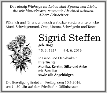 Traueranzeige von Sigrid Steffen von Mitteldeutsche Zeitung Merseburg/Querfurt