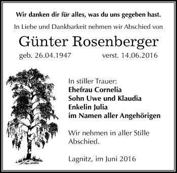 Traueranzeige von Günter Rosenberger von Mitteldeutsche Zeitung Weißenfels