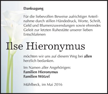 Traueranzeige von Ilse Hieronymus von Mitteldeutsche Zeitung Bitterfeld