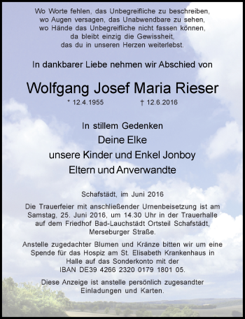 Traueranzeige von Wolfgang Josef Maria Rieser von Mitteldeutsche Zeitung Merseburg/Querfurt
