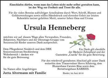Traueranzeige von Ursula Henneberg von WVG - Wochenspiegel Quedlinburg