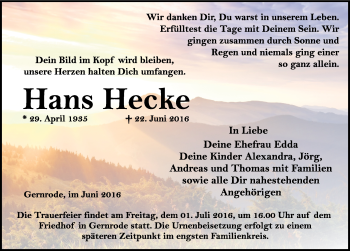 Traueranzeige von Hans Hecke von Mitteldeutsche Zeitung Quedlinburg