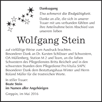 Traueranzeige von Wolfgang Günter Stein von WVG - Wochenspiegel Bitterfeld