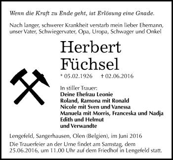 Traueranzeige von Herbert Füchsel von Mitteldeutsche Zeitung Sangerhausen