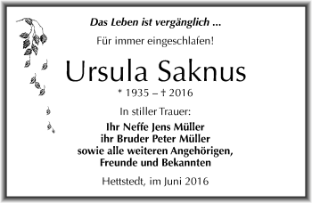 Traueranzeige von Ursula Saknus von Mitteldeutsche Zeitung Mansfelder Land