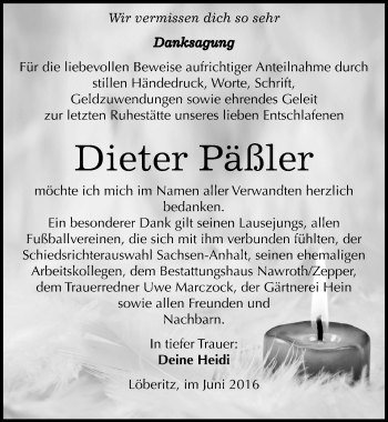 Traueranzeige von Dieter Päßler von Mitteldeutsche Zeitung Bitterfeld