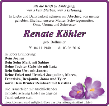 Traueranzeige von Renate Köhler von Mitteldeutsche Zeitung Quedlinburg