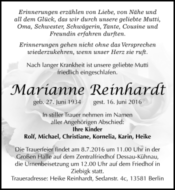Traueranzeige von Marianne Reinhardt von Mitteldeutsche Zeitung Dessau-Roßlau
