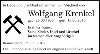 Traueranzeige von Wolfgang Krenkel von Mitteldeutsche Zeitung Merseburg/Querfurt