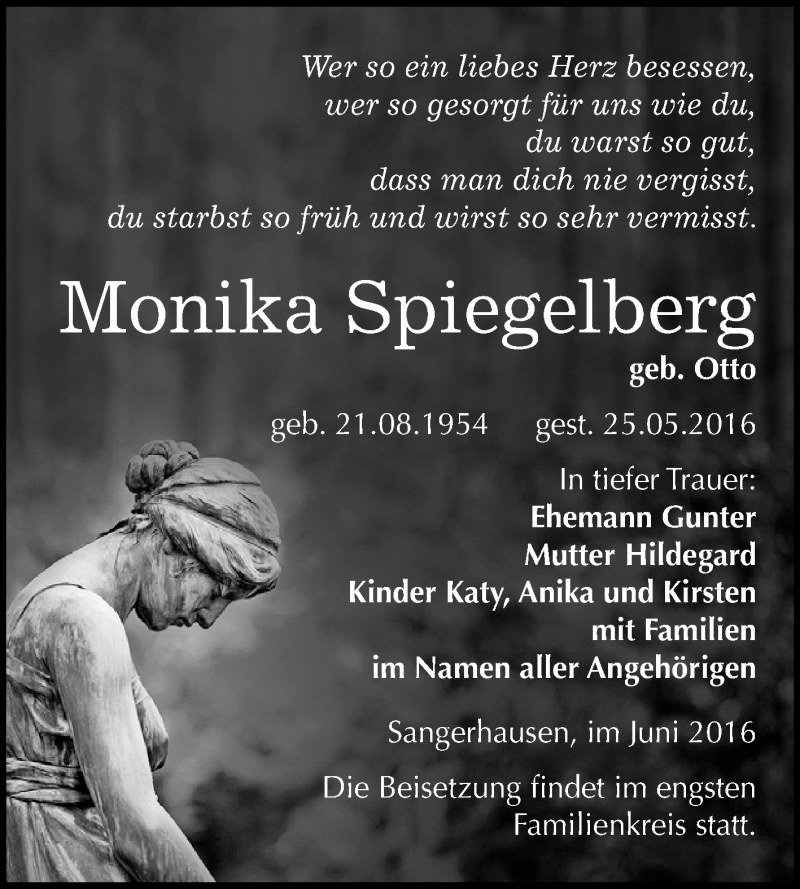  Traueranzeige für Monika Spiegelberg vom 11.06.2016 aus Super Sonntag SGH Mansf. Land