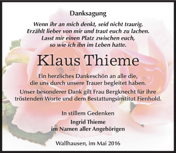 Traueranzeige von Klaus Thieme von Mitteldeutsche Zeitung Sangerhausen