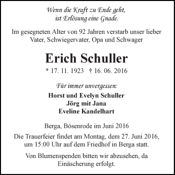 Traueranzeige von Erich Schuller von Super Sonntag SGH Mansf. Land