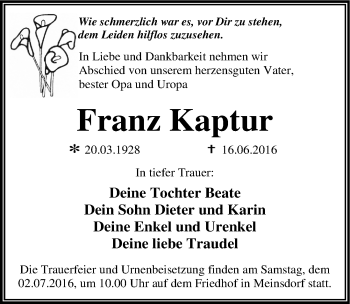 Traueranzeige von Franz Kaptur von Mitteldeutsche Zeitung Dessau-Roßlau