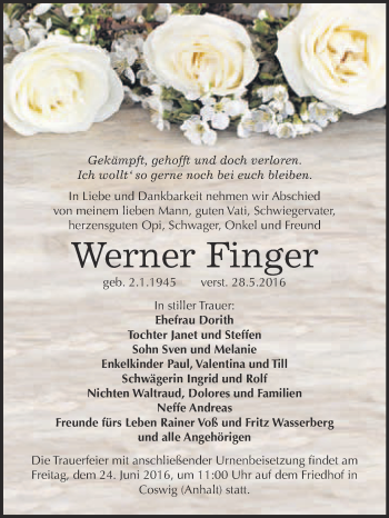 Traueranzeige von Werner Finger von Super Sonntag Wittenberg