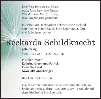 Traueranzeige von Reckarda Schildknecht von Mitteldeutsche Zeitung Sangerhausen