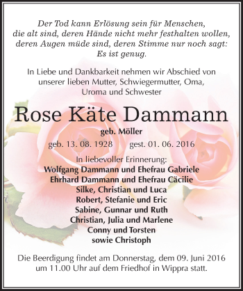 Traueranzeige von Rose Käte Dammann von Mitteldeutsche Zeitung Mansfelder Land