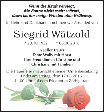 Traueranzeige von Siegrid Wätzold von Mitteldeutsche Zeitung Bitterfeld