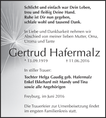 Traueranzeige von Gertrud Hafermalz von WVG - Wochenspiegel NMB / WSF / ZTZ