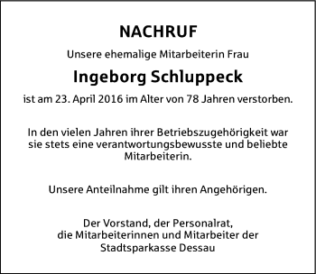 Traueranzeige von Ingeborg Schluppeck von Mitteldeutsche Zeitung Dessau-Roßlau