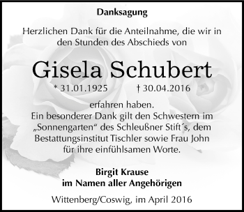 Traueranzeige von Gisela Schubert von Mitteldeutsche Zeitung Wittenberg