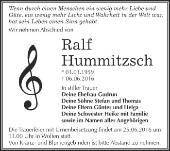 Traueranzeige von Ralf Hummitzsch von WVG - Wochenspiegel Bitterfeld