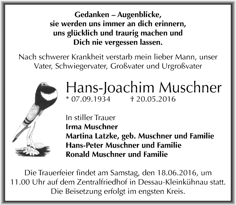  Traueranzeige für Hans-Joachim Muschner vom 11.06.2016 aus Mitteldeutsche Zeitung Dessau-Roßlau