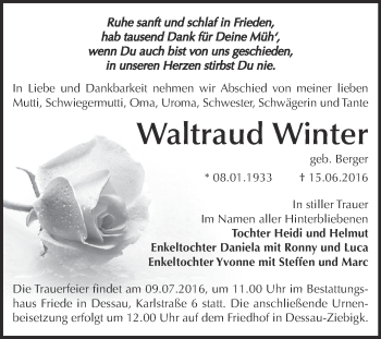 Traueranzeige von Waltraud Winter von WVG - Wochenspiegel Dessau / Köthen