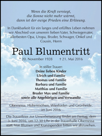 Traueranzeige von Paul Blumentritt von WVG - Wochenspiegel NMB / WSF / ZTZ