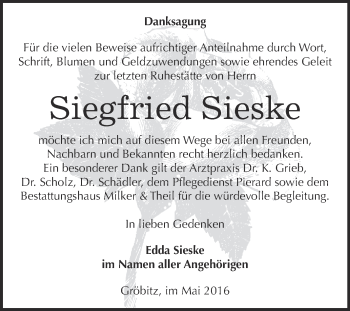 Traueranzeige von Siegfried Sieske von WVG - Wochenspiegel NMB / WSF / ZTZ