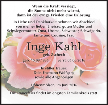 Traueranzeige von Inge Kahl von Mitteldeutsche Zeitung Weißenfels