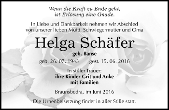 Traueranzeige von Helga Schäfer von Mitteldeutsche Zeitung Merseburg/Querfurt
