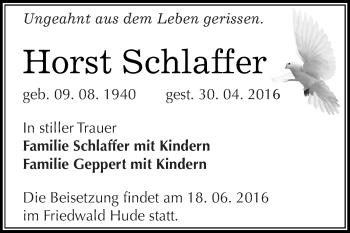 Traueranzeige von Horst Schlaffer von WVG - Wochenspiegel NMB / WSF / ZTZ