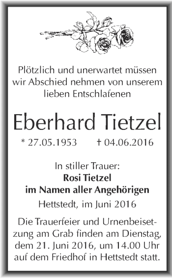 Traueranzeige von Eberhard Tietzel von Wochenspiegel Mansfelder Land