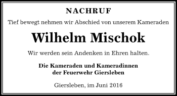 Traueranzeige von Wilhelm Mischok von Mitteldeutsche Zeitung Aschersleben