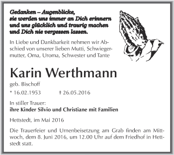 Traueranzeige von Karin Werthmann von Wochenspiegel Mansfelder Land