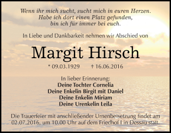 Traueranzeige von Margit Hirsch von WVG - Wochenspiegel Dessau / Köthen